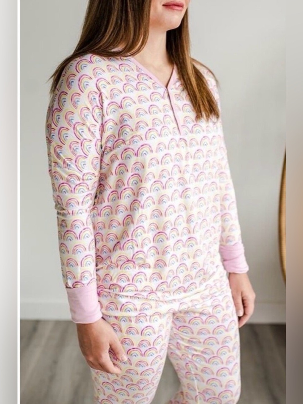 LITTLE SLEEPIES Women’s Pastel Rainbow Long Sleeve Bamboo Pajama Set Large